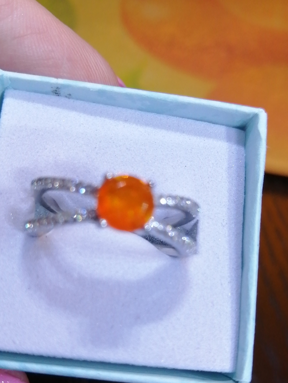 14 White Gold Over Sterling Silver 925 Orange Opal Ring Size 7.5